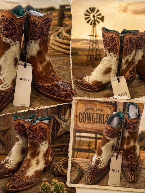 Myra Bag Shoes - Myra Bag Brown & White Cowhide Tooled Leather Ankle Boots 8